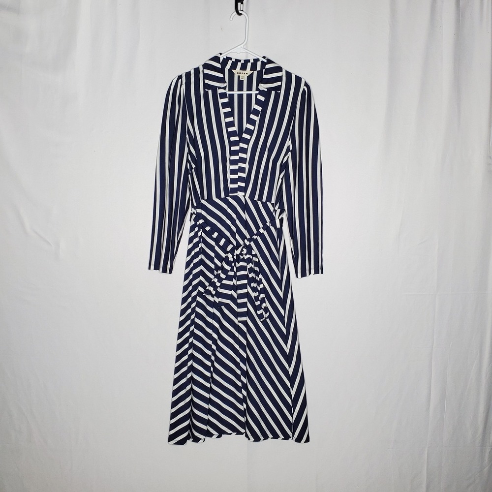 Boden Midi Dress 12P Navy Stripe Nautical Belted Coastal Feminine Preppy